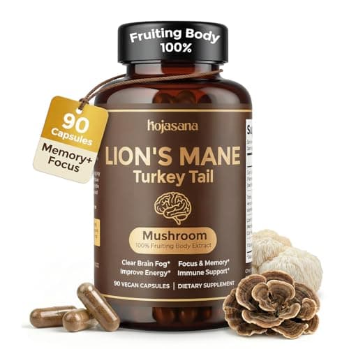 HojaSana Lion's Mane Supplement Capsules with Turkey Tail Mushroom, 30% Beta-Glucan, 100% Fruiting Body, Melena de Leon for Brain Health, Focus, Memory & Immune Support, 90 Vegan Gluten-Free Capsules - Image 1
