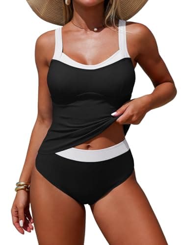 ZAFUL Tummy Control Bathing Suits for Women High Waisted Tankini Swimsuits Cute Summer Beach Swimwear, Black White XL - Image 1
