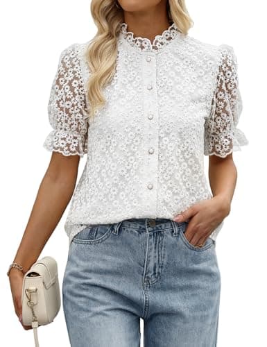 Womens Lace Tops Short Puff Sleeve Crew Neck Floral Embroidery Eyelet Casual Button Down Boho Summer Blouses White - Image 1