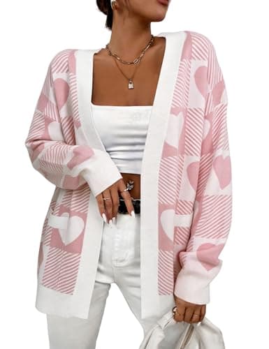 Heart Cardigan Valentines Sweater Women: Valentine Cardigan Love Print Open Front Knit Sweaters Outwear with Pockets - Image 1