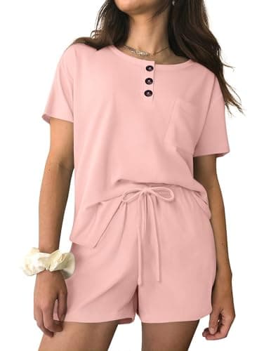Ekouaer Womens Pajama Sets 2 Piece Ribbed Knit Pjs Short Sleeve Soft Sleepwear Summer Lounge Sets,Light Pink,M - Image 1