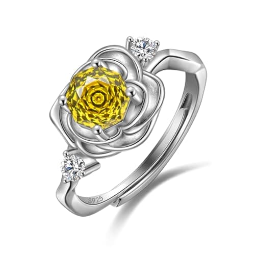 Rose Birthstone Ring - 925 Sterling Silver Rose Cut Cubic Zirconia November Yellow Flower Adjustable Ring Anniversary Engagement Promise Ring Birthday Jewelry Gift for Women Wife Mom Daughter DR0166N - Image 1
