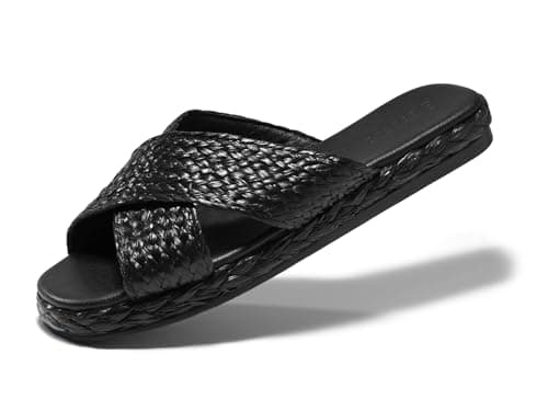 Coutgo Womens Flat Sandals Espadrilles Raffia Open Toe Slides Cross Strap Slip On Summer Dressy Beach Shoes,Size Fits Large - Image 1