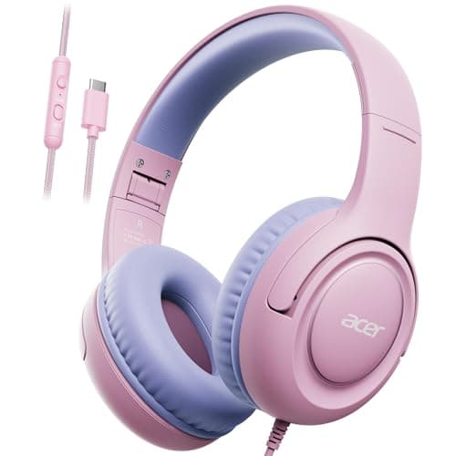 Acer USB-C Kids Headphones - 85/94dB Safe Volume Limited, Foldable Wired Over Ear Headphones for Travel, Toddler Headphones for School, Travel, iPad, Tablet, Purple Pink, HK03C - Image 1
