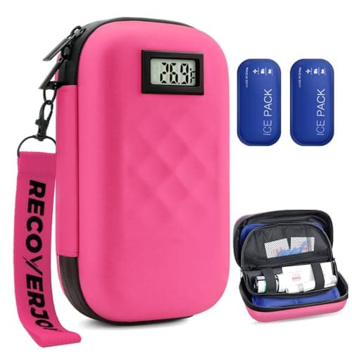 RecoverJoy TSA Approved Insulin Cooler Travel Case Diabetic Medication Bag With Thermometer Temperature Display Medication Diabetic Cooler Travel Medicine Organizer Bag for women & 2 Ice Pack-Rose red - Image 1