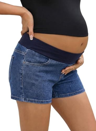 BLENCOT Casual Stretchy Maternity Denim Shorts for Women Comfortable Cotton Blend Pregnancy Bottoms with Pockets Sail Blue M - Image 1