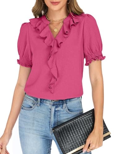 Funlingo Womens Ruffle V Neck Blouses Dressy Casual Puff Short Sleeve Blouses Summer Trendy Flowy Work Shirts Business Casual Outfits Rose Red XL - Image 1