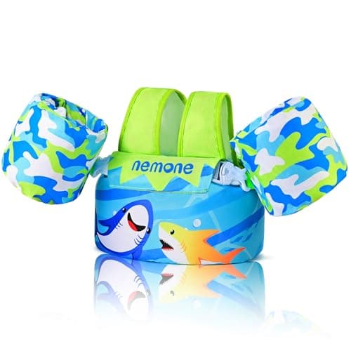 NEMONE Toddler Swim Vest for 22-70 lbs Kids Floaties Swim Jacket with Arm Water Wings for Girls Boys 2 3 4 5 6 7 Years Old Sea Beach Pool (Blue Sea) - Image 1