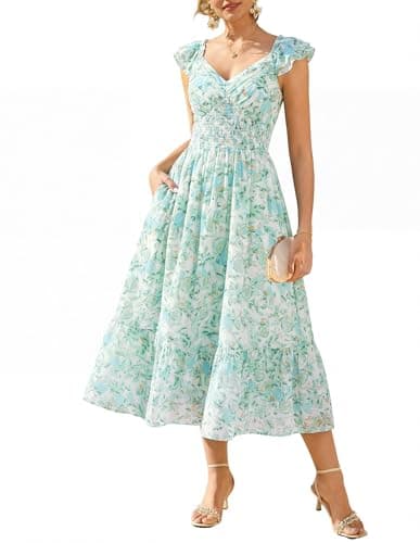 GRACE KARIN Women's Summer Floral Maxi Dress 2026 Ruffle Sleeve Smocked Sundress Flowy Wedding Guest Long Dresses Green Floral S - Image 1