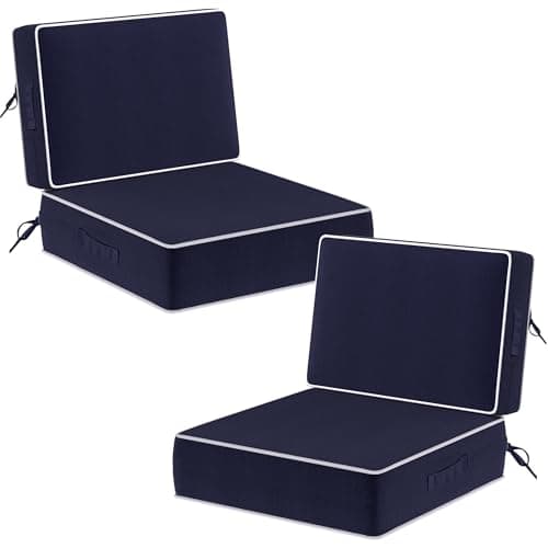 5" Thick Outdoor Chair Cushions Set of 2 - 24x24 Inch Patio Chair Cushion for Outdoor Furniture w/Fade-Resistant Removable Cover Waterproof Deep Seat Patio Cushions w/Straps Handle for Sofa, Navy Blue - Image 1