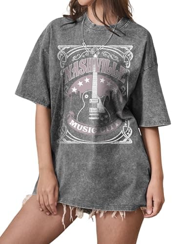 AUMORA Womens Oversized Graphic Tees Acid Wash Nashville Band T Shirts Crewneck Loose Fit Music Concert Tops - Image 1