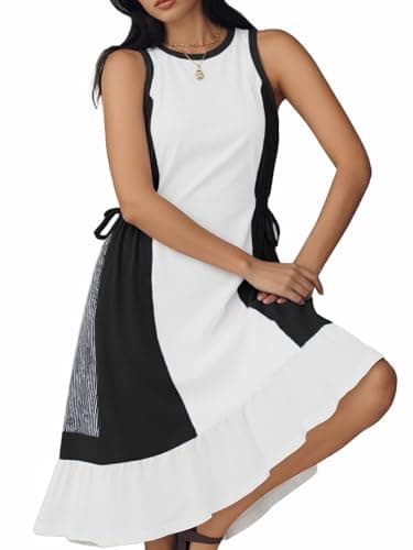 AOVDE Striped Women Dress Color Block Sleeveless Flowing Summer Drawstring Midi Knee Length Dress with Pockets for Spring Black - Image 1