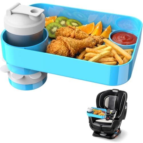 Car Seat Snack Tray for Kids, Mess-Free Square Travel Tray Cup Holder Snack Tray, Durable Car Food Tray for Toddlers, Universal Fit Kids Travel Road Trip Essentials (1, Sky Blue) - Image 1
