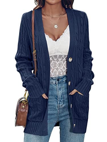 MEROKEETY Cardigan Sweater for Women 2026 Fall Winter Spring Cable Knit Button Up Open Front Long Sleeve Coat,Navy,L - Image 1