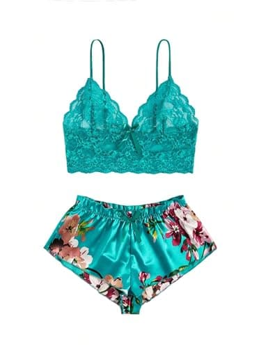 Rigeri Sexy Lingerie Set For Women Sexy Summer Nightwear V Neck Babydoll Negligees Sheer Nightgowns For Womens Lingerie Bow Ties Cami Shorts Bra and Panty 2 Piece Teal S