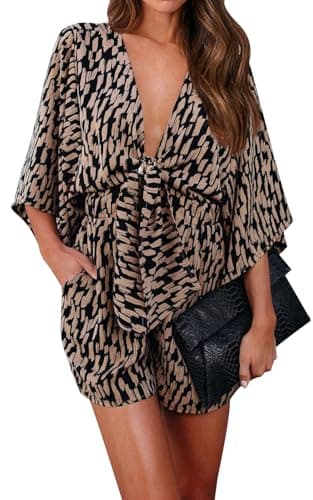 PRETTYGARDEN Women's Rompers And Jumpsuits Deep V-Neck Tie Sexy Rompers Summer Casual Oversized One Piece Jumpsuit Shorts (Brown, Small) - Image 1