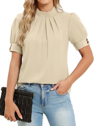 Funlingo Short Sleeve Tops for Women Puff Sleeve Mock Neck Business Work Blouse Dressy Casual Summer Pleated Front Shirts Beige 3XL - Image 1