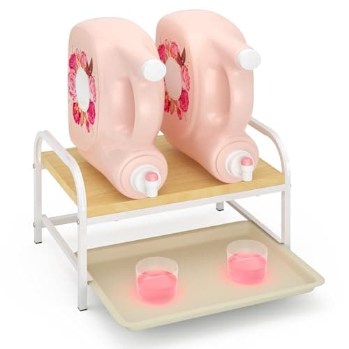 2-in-1 Laundry Detergent Holder & Organizer with Drip Tray, 2-Tier Metal Shelf for Countertop - Soap Dispenser & Storage Stand for Laundry Room, Kitchen, Bathroom, White