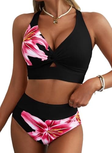 Herseas Women's Bikini Sets Lily Print Twist Knot Cutout Top Wireless Swim Suits High Waisted Moderate Coverage Bathing Suit Sporty 2 Piece Sets Summer Beach Outfits 2026 Black Red Floral X-Large - Image 1