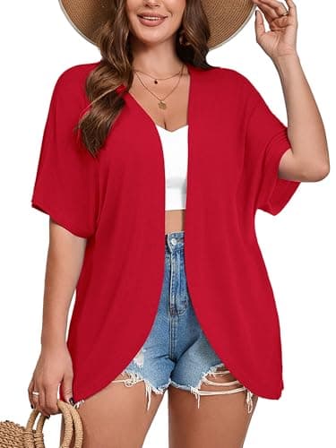 AusLook Women's Plus Size Short Sleeve Lightweight Open Front Cardigan Red 5X Cover Ups Shrugs Shawls and Wraps Kimono Jacket Coat - Image 1