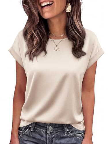 BTFBM Summer Tops for Women 2026 Dressy Satin Blouses Loose Crew Neck Short Sleeve Shirts Work Business Casual Outfits(Beige, Medium) - Image 1