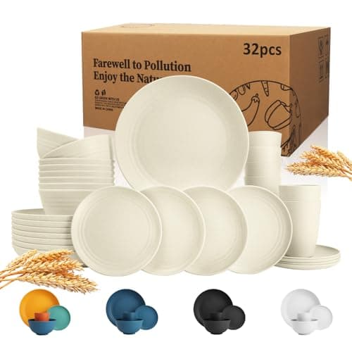 Wrova Wheat Straw Dinnerware Sets of 32,Dishwasher Safe Alternative Plastic Dishes Set Service for 8,Unbreakable Dinner Plates and Bowls Sets for Kitchen,Party,Camping,RV. Beige - Image 1