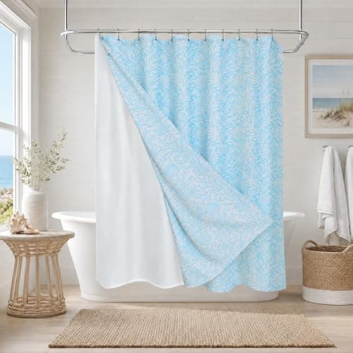 Drifted Root Coastal Loft Series Matelassé Jacquard Shower Curtain, Soft Touch, Metal Hooks, Detachable Liner & Weighted Magnets, Water-Repellent Bath Curtain (Ocean Mist Blue, 72"W x 84"L(Pack of 1)) - Image 1