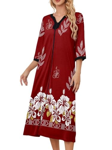 PITINAN Long Duster Housecoat Nightgown Womens Sleepwear Momo Dresses Cotton Short Sleeve Nightshirt Zip Front Bathrobe Nightwear House Dress With Pockets Comfy Lounger Wine Red S - Image 1