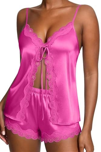 Ekouaer Womens Silk Pajamas Set Sexy Floral Lace Trim Cami Tops and Shorts Bow Tie Open Front Lingerie Set Satin Pjs Sleepwear Rose Red M - Image 1