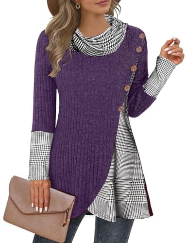 Miusey Turtleneck Sweater Fall Tunic Tops for Women 2025 Long Sleeve Pullover Sweatshirts for Leggings Purple Black Plaid M - Image 1