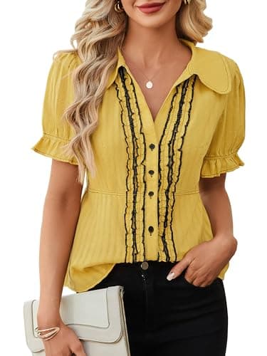 ECOWISH Women's Button Down Shirt - Peter Pan Collar Cotton Blouse Summer Dressy Short Sleeve Loose Fit Work Tops Yellow XL - Image 1