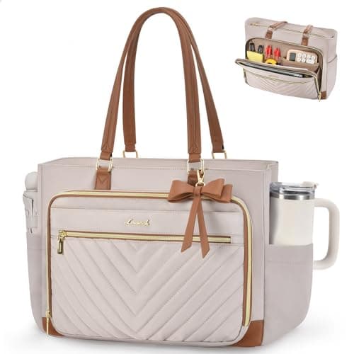 LOVEVOOK 17 Inch Laptop Teacher Tote Bag for Women, Work Nurse Bag with Large Cup Holder, Quilted Diaper Bag for Travel, Computer Women's handbags for Teacher gift, Apricot-brown - Image 1