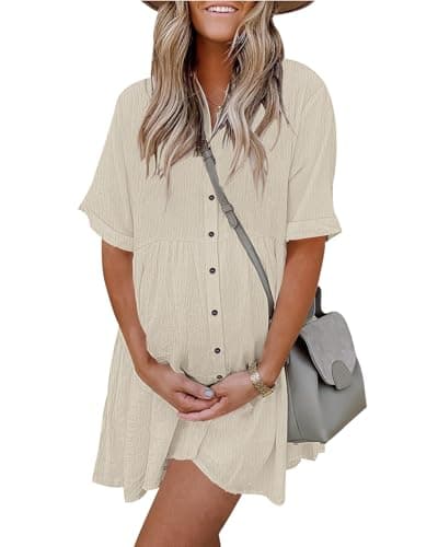 AUSELILY Women's Summer Babydoll Dress Casual Short Sleeve Sundress Button Down Dresses with Pockets Apricot XL - Image 1