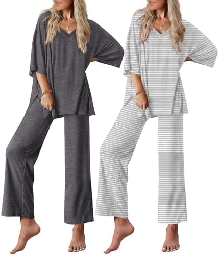 Ekouaer 2 Packs Lounge Sets for Women Short Sleeve Pajamas Set V Neck Top and Long Pants Comfy Pjs Outifts with Pockets - Image 1