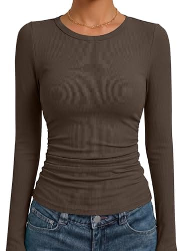ANRABESS Women's Long Sleeve Ruched Tops, Coffee, M - Image 1