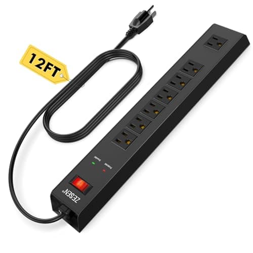 ZESEN 7 Outlet Metal Long Power Strip with Overload Protection & 1500J Surge Protection, 12ft Cord Wall Mounted Industrial Power Strip for Office Workshop Garage, ETL Listed(15A/1875W), Black - Image 1