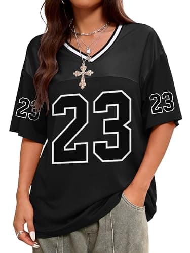 TAKEYAL Graphic Tees for Women Oversized Football Jersey V Neck Tshirts Womens Tops Trendy Y2K Outfits X-Small Black - Image 1