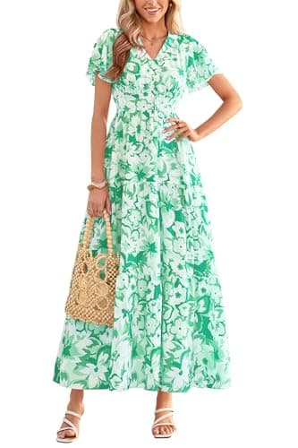 PRETTYGARDEN Women Summer Maxi Dresses 2026 Short Sleeve V Neck Button Floral Tiered Flowy Boho Sundress Beach Outfits(Green Floral,XX-Large) - Image 1