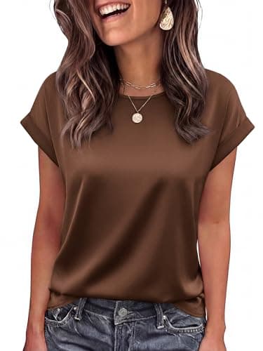 BTFBM Summer Tops for Women 2026 Dressy Satin Blouses Loose Crew Neck Short Sleeve Shirts Work Business Casual Outfits(Chocolate Brown, Small) - Image 1