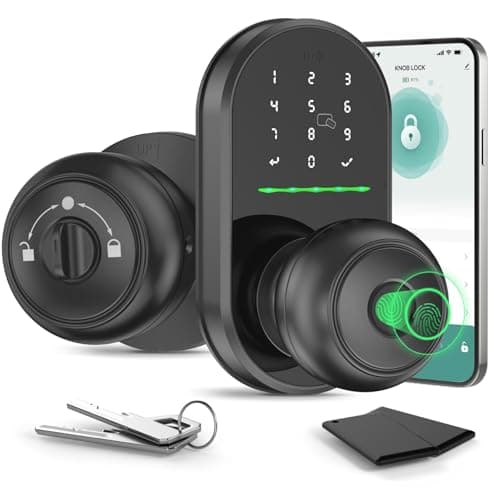 HEI LIANG Smart Door Knob with Keypad,5-in-1 Biometric Fingerprint Door Lock,Keyless Entry Door Lock for Bedroom Office Apartment,App Control,Auto Lock,Fits Standard Doors,Dark Black - Image 1