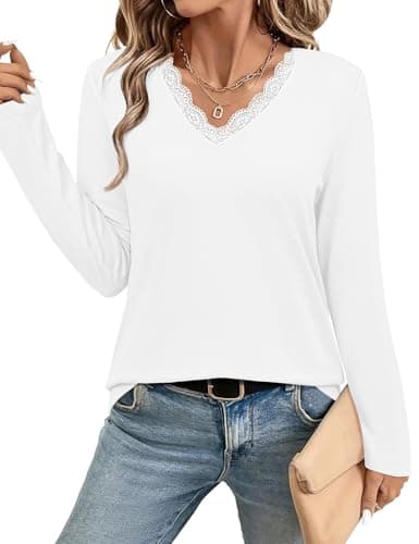 JUSTFASHIONNOW Shirts for Women Long Sleeve Lace Tops V Neck Solid Tshirt Plus Size Blouses Business Casual Fashion Tops Trendy Winter Clothes (White,X-Large) - Image 1
