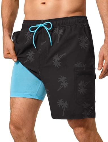 SILKWORLD Mens Bathing Suit Quick Dry Compression Liner Swimming Trunks with Cargo Pockets, Black Coconut Trees, Medium - Image 1