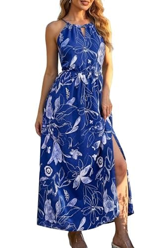 Lesuxa Womens Summer Maxi Dress, Boho Floral Cutout Slit Backless Beach Long Flowy Dresses, Casual Vacation Party Outfits for Wedding Guest,Daily, Photograph, Family,Gathering Blue XL - Image 1