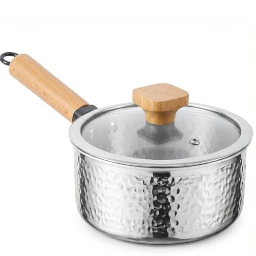 WANGYUANJI 1.8 Quart Stainless Steel Saucepan with Lid, Tri-Ply Steel Small Sauce Pan, Coating-Free Interior, Hammered Finish, Induction Compatible Soup Pot with Tempered Glass Lid & Wood Handle - Image 1