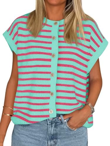 Cicy Bell Womens Striped Cap Sleeve Sweater Vest Crew Neck Button Down Cardigan Cute Knit Tops Green - Image 1