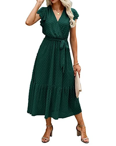 BTFBM Women Summer Bohemian Floral Casual Wrap V Neck Ruffle Cap Sleeveless Belt A-Line Pleated Hem Swing Midi Sun Dress (Swiss Dot Dark Green, Large) - Image 1