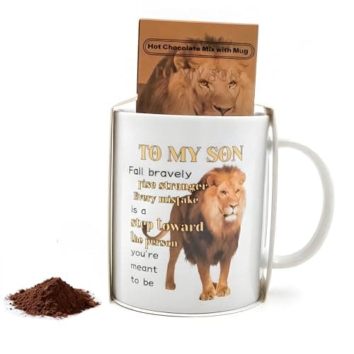 HJOCMLE To My Son Mug Gift Set with Hot Chocolate Mix - Inspirational Lion Coffee Cup Fall Bravely Rise Stronger - Meaningful Birthday or Graduation Present for Son from Mom and Dad - Image 1