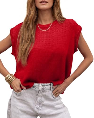 Saodimallsu Womens 2026 Summer Sleeveless Tank Tops Cap Sleeve Crew Neck Loose Casual Knit Pullover Sweater Vest Z-red - Image 1