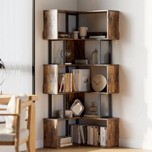 Doppeltcharms L-Shaped Corner Bookshelf with 6 Tiers – 62.6'' Tall Freestanding Metal & Wood Storage Rack with Dividers, Modern Display Shelf for Living Room, Home Office, Sunset - Image 1