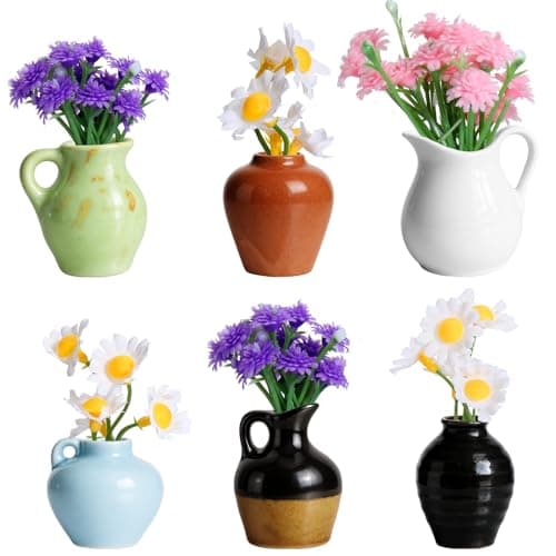 Mini Vase Magnets for Fridge 6PCS - 3D Ceramic Tiny Plant Vase Magnets Fridge Decoration Set Design for Refrigerator, Lockers & Office Spaces (6PCS, with Flower) - Image 1